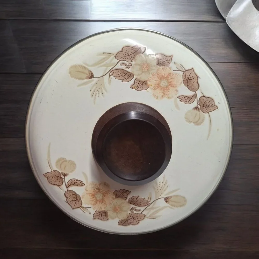 Vintage Metal Lid Pot Pan Brown Flowers Cream 6.5 Inch  Handle‎ Leaves Cookware